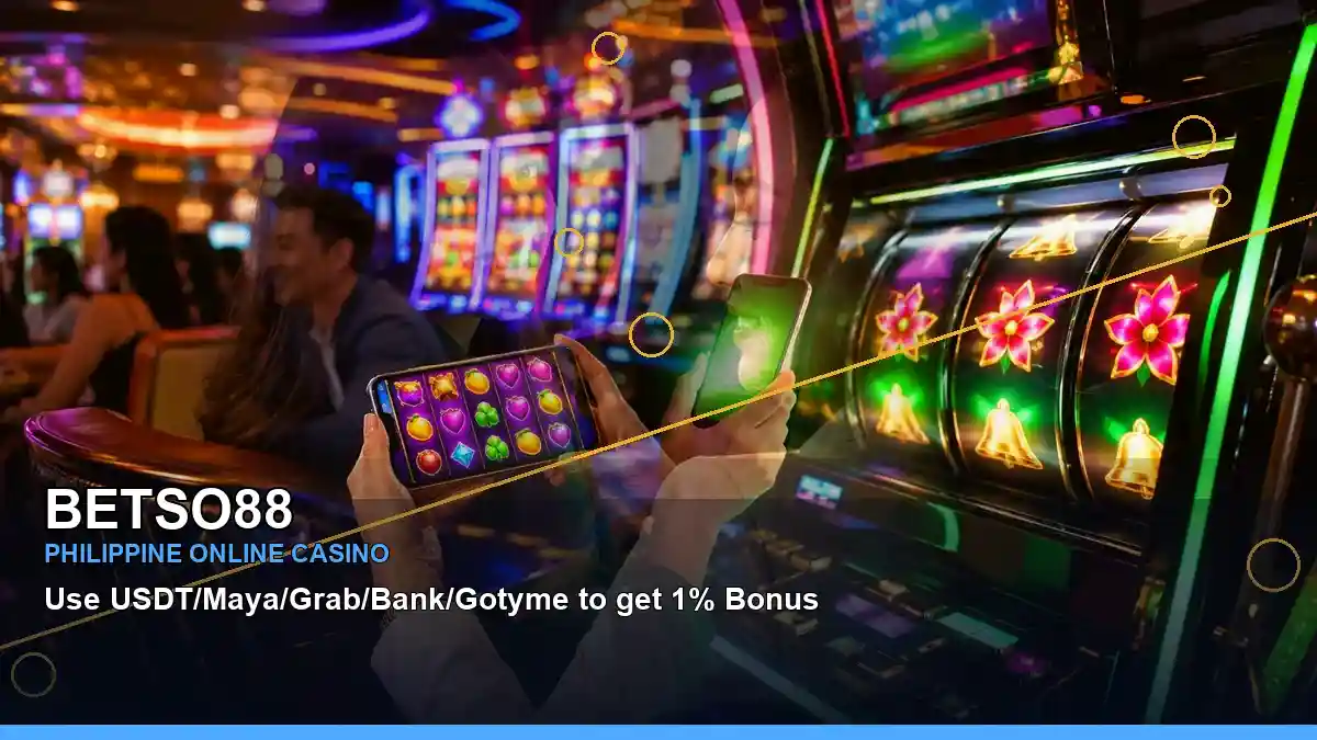 BETSO88 gold jackpot slot games featuring an adult Filipina casino host with a layered collage composition